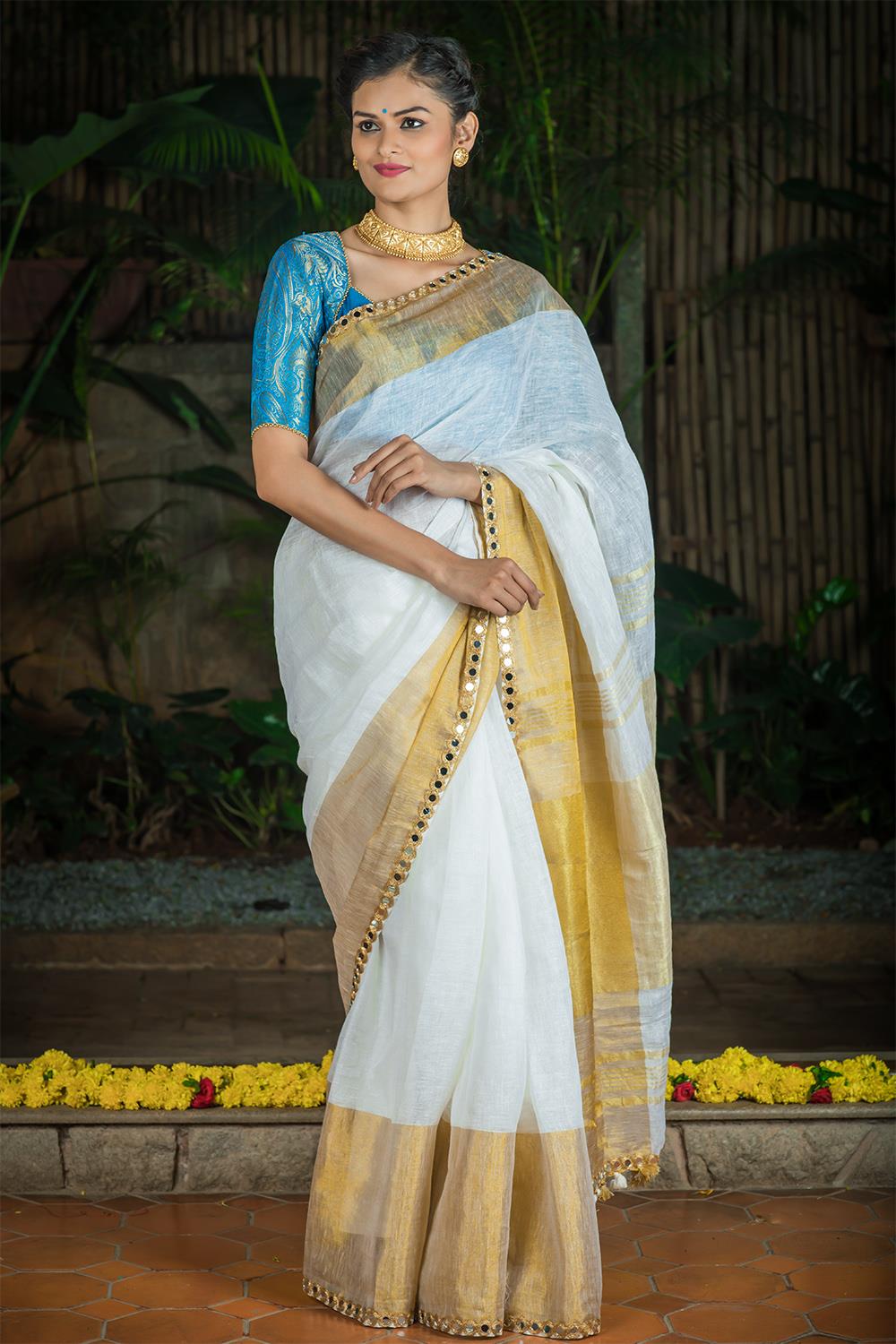 Banarasi Katan Silk Cluster Motif Silver and Gold Border Saree – Vidhi  Singhania