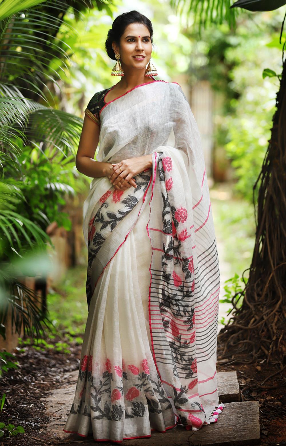 off white embroidered georgette saree with blouse - Manjula Feb - 1664131