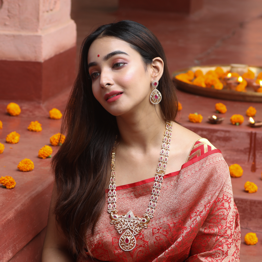 long necklace on saree