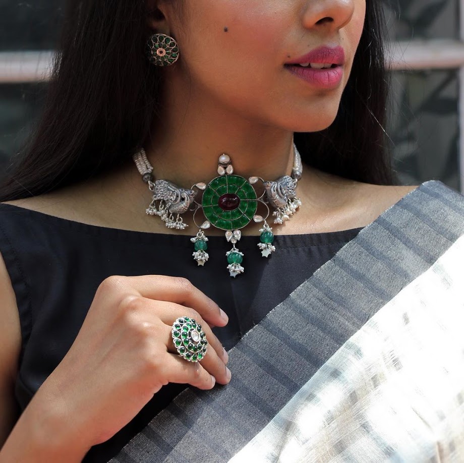 Oxidised necklace with kemp stones and pearl hangings – Prashanti Sarees