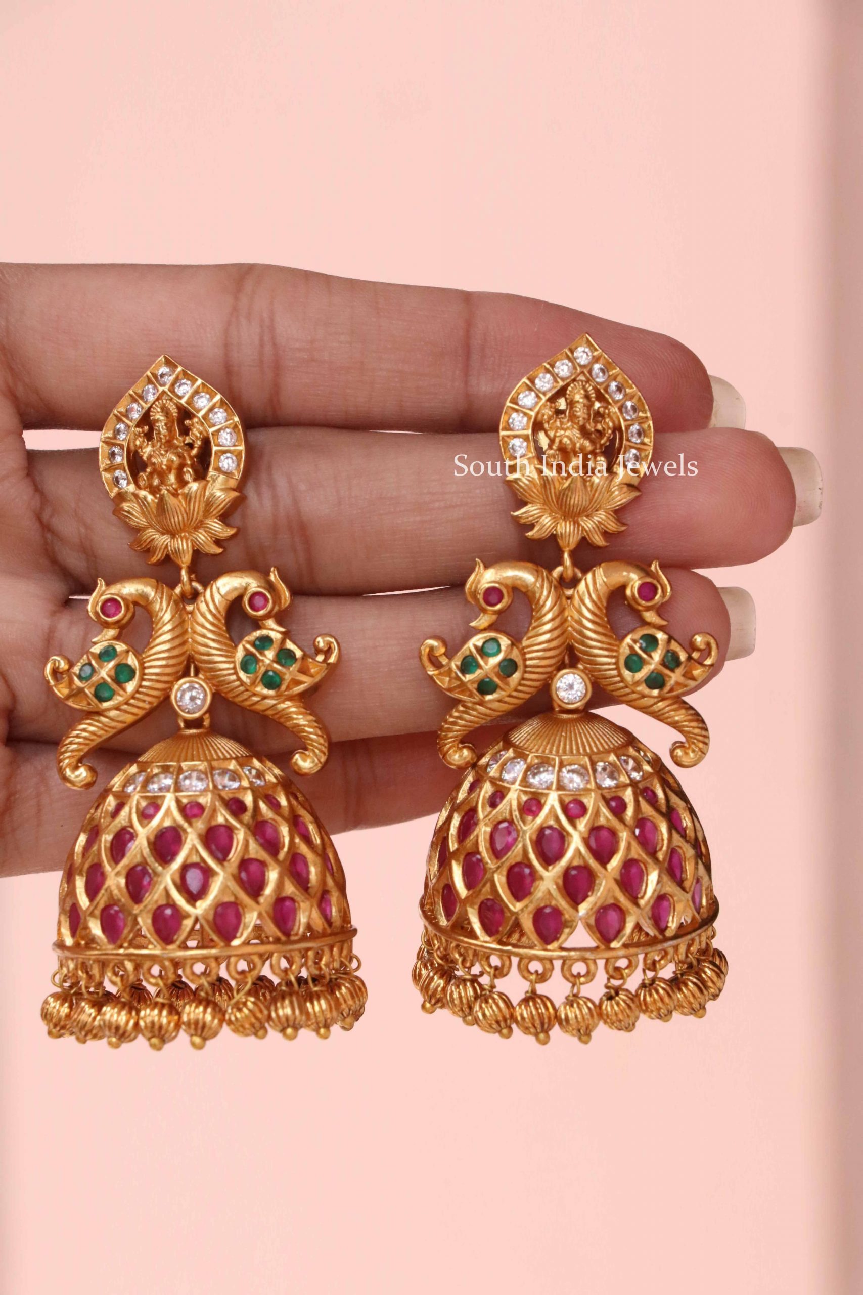 Peacock And Lakshmi Design Jhumkas