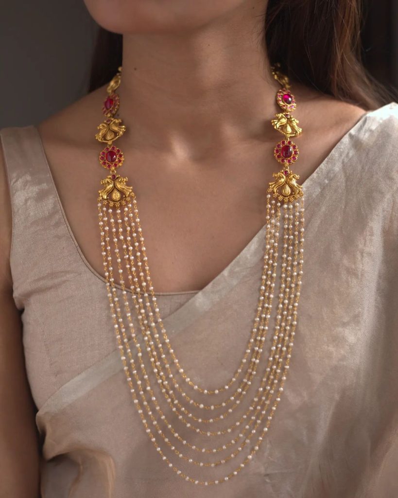 Multi Layered Pearl Mala with Kemp Stone Motifs From Prade Jewels