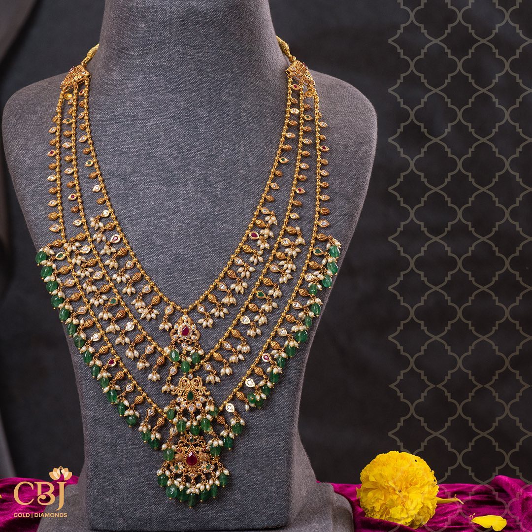 3 Step Layered Golden Balls And Green Beads Long Necklace From 'CBJ Gold'