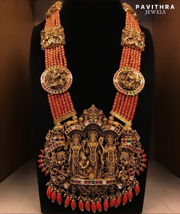 Gold Antique Corals Ram Darbar Haram From Pavithra Jewels