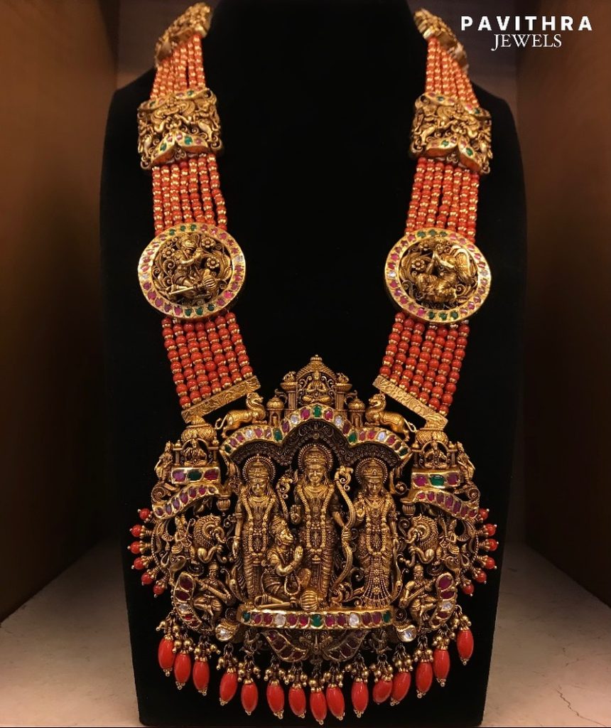 Gold Antique Corals Ram Darbar Haram From Pavithra Jewels