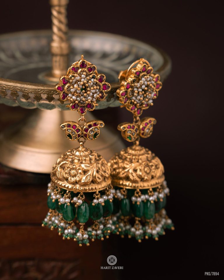Gold Long Jhumka With Green Beads From 'Hari Zaveri Jewellers'
