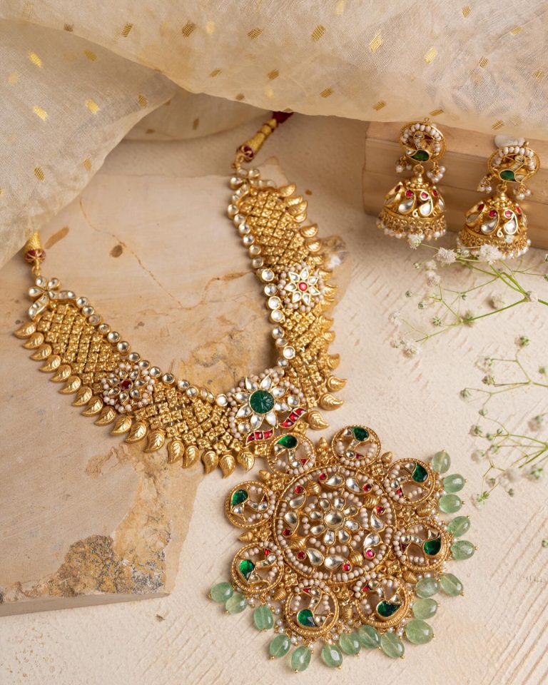 Gold Plated Kundan Stones And Beaded Hanging Necklace With Jhumkas From 'Raj Jewellery'