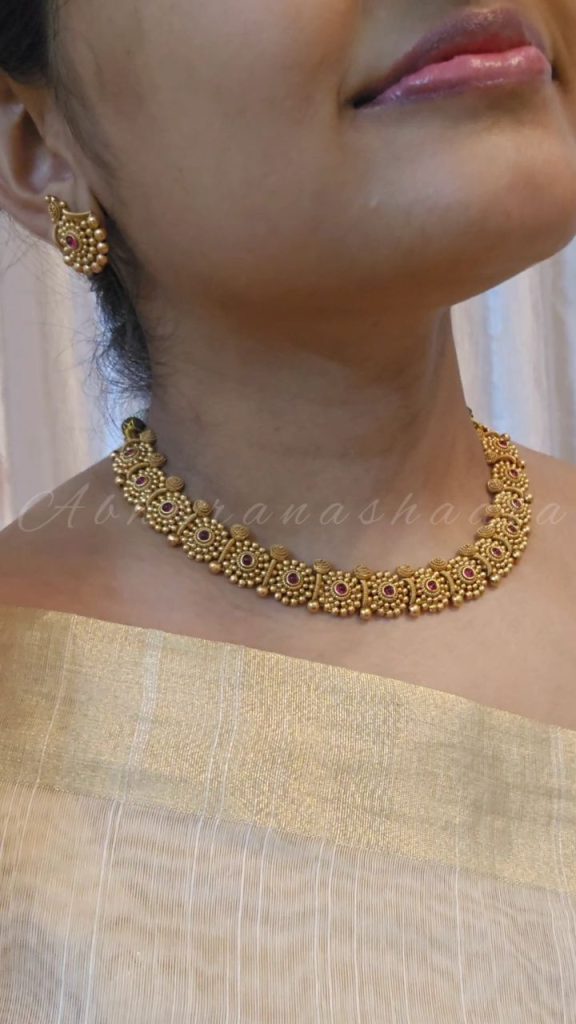Antique Finish Ruby Stone Necklace Set From 'Abharanashaala'