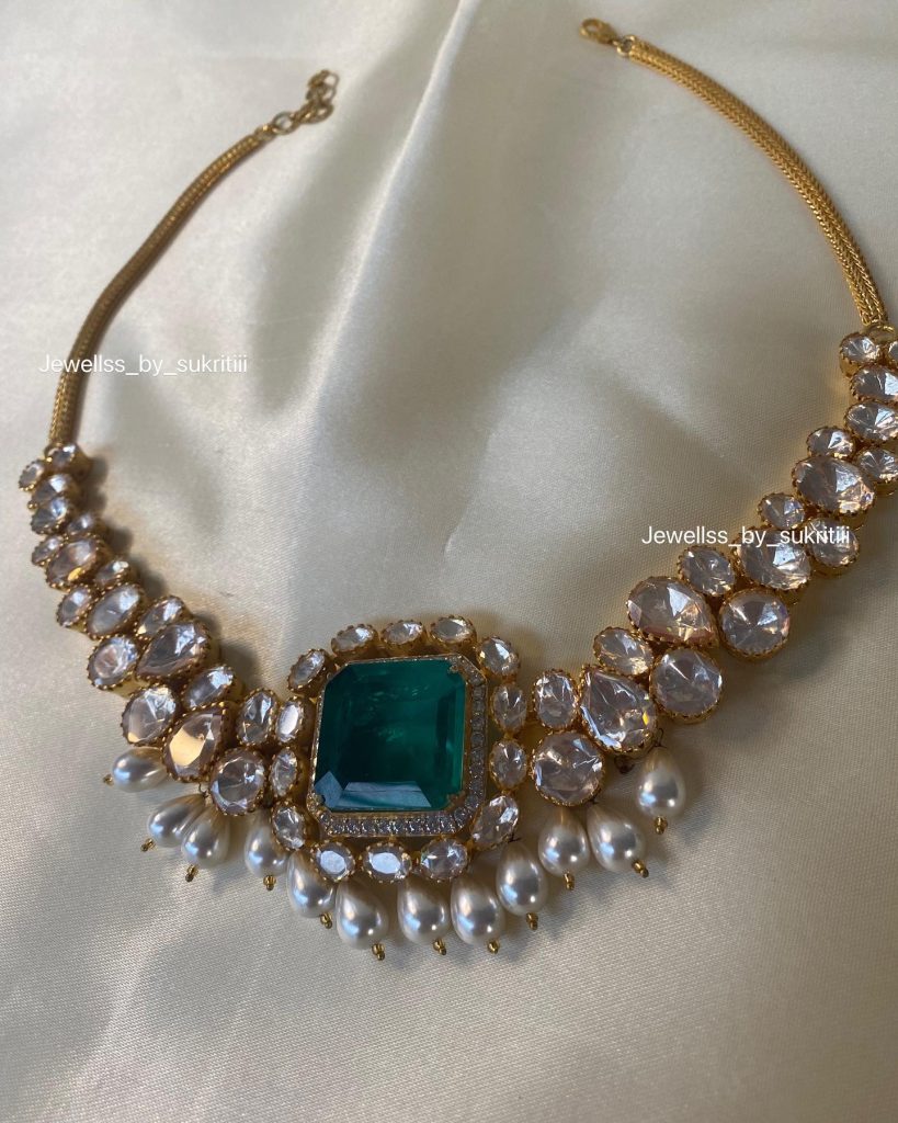Gold Plated Polki and Emerald Stone Necklace From 'Jewellss By Sukritiii'