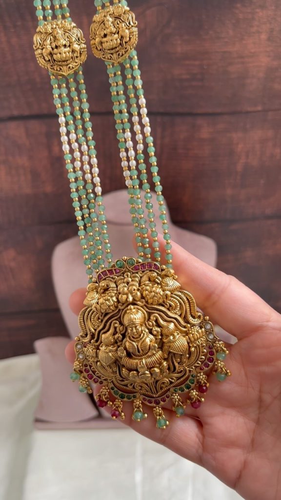 Traditional Green Beaded Long Necklace From 'Kruthika Jewellery'