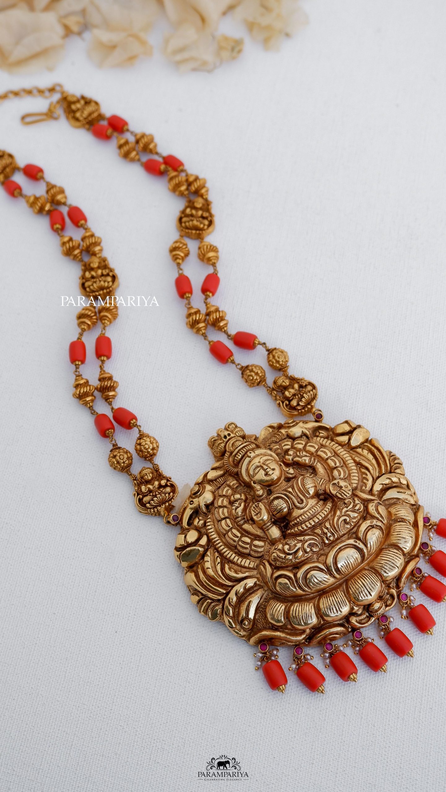 Coral Beads Temple Long Necklace From 'Parampariya'