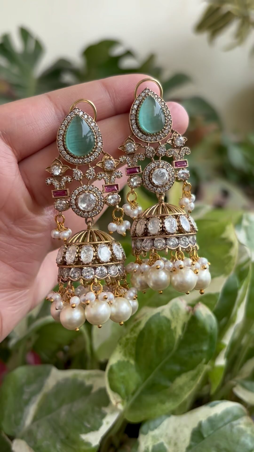 Kundan Stones Jhumkas With Pearl Hanging From 'Petals by Swathi'