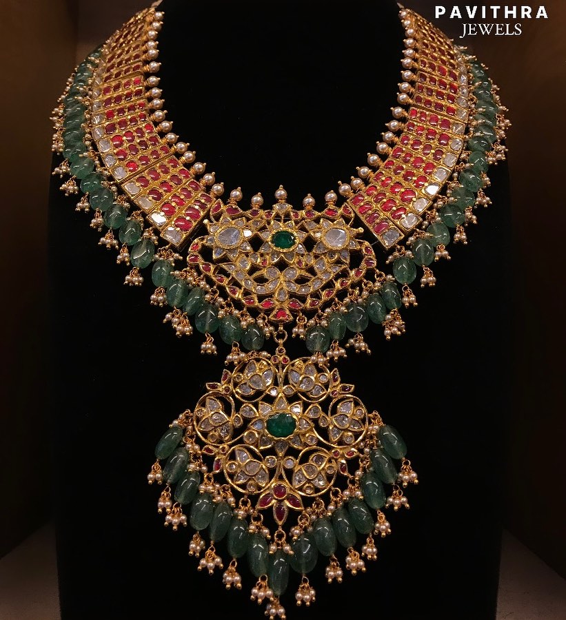 Diamond, Ruby, Emerald Stone Studded Gold Necklace From 'Pavithra Jewels'