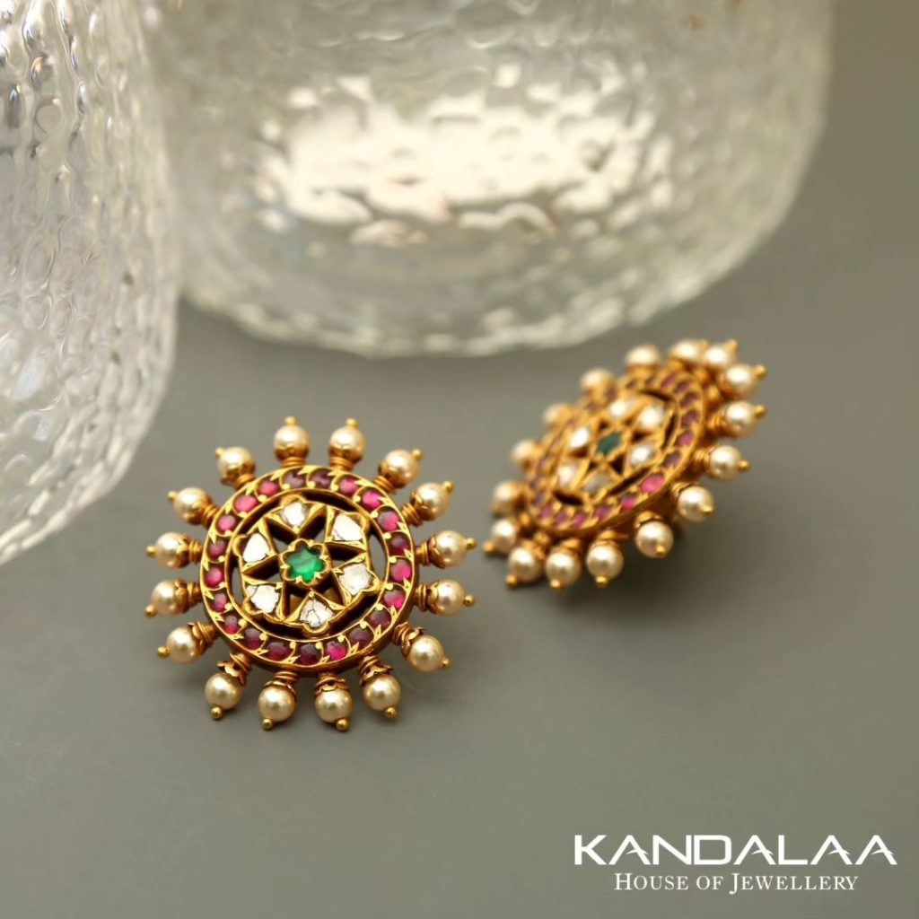 Gold Kemp Stone with Pearl Ear Studs From 'Kandala'