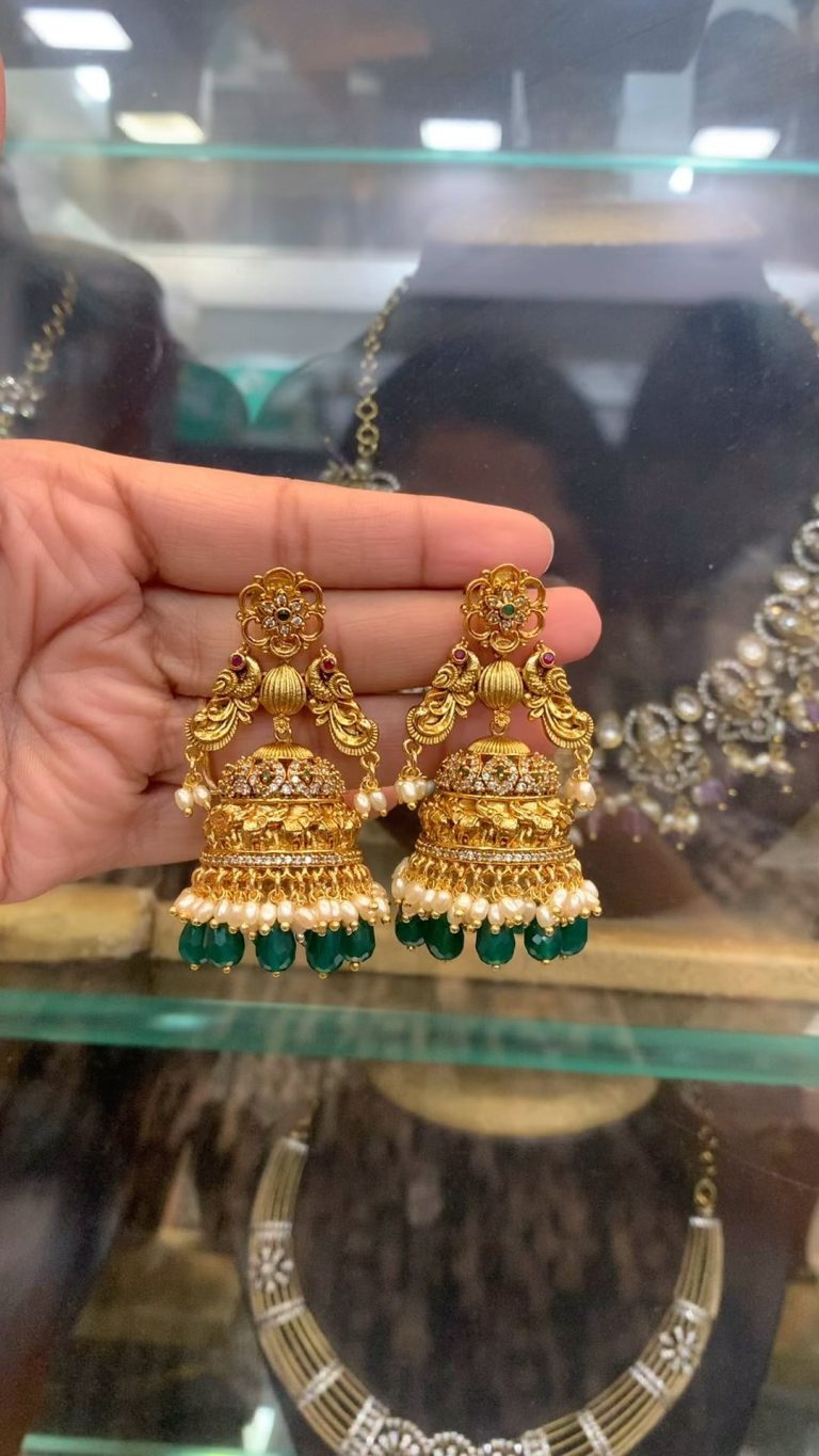 Imitation White& Green Stone Jhumkas From 'Sujatha Gold Covering'