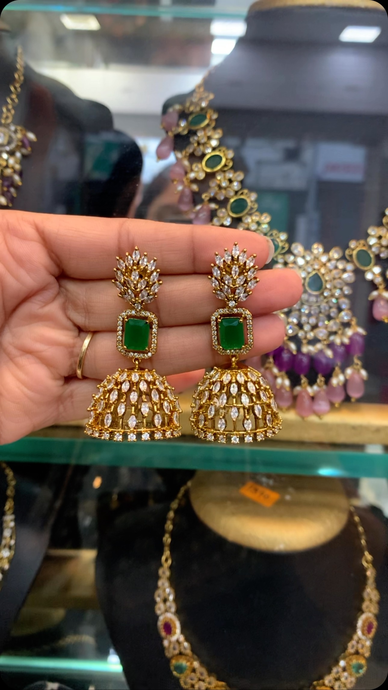 Imitation White& Green Stone Jhumkas From 'Sujatha Gold Covering'