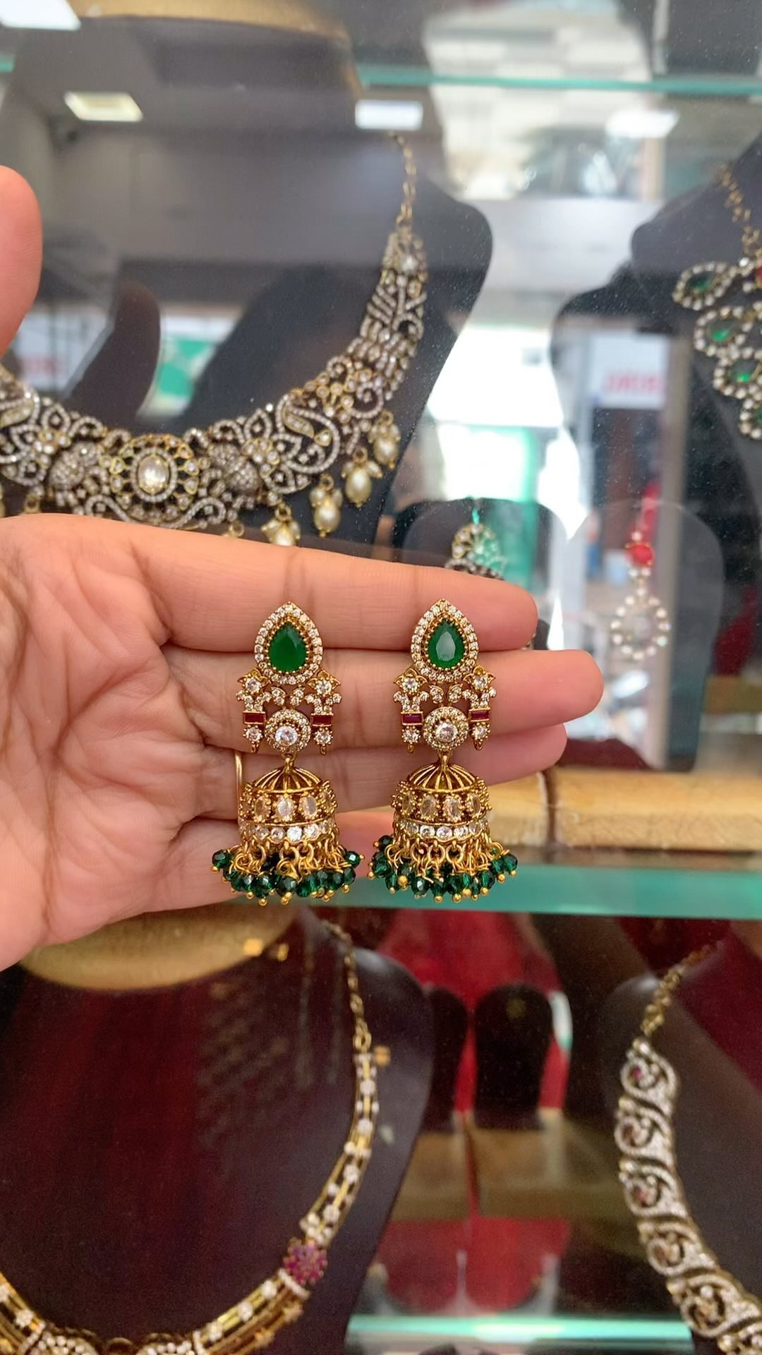 Imitation White& Green Stone Jhumkas From 'Sujatha Gold Covering'