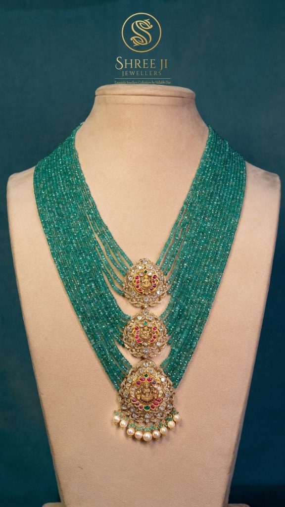 Emerald Beaded Temple Gold Long Necklace From 'Shreeji Jewellers'