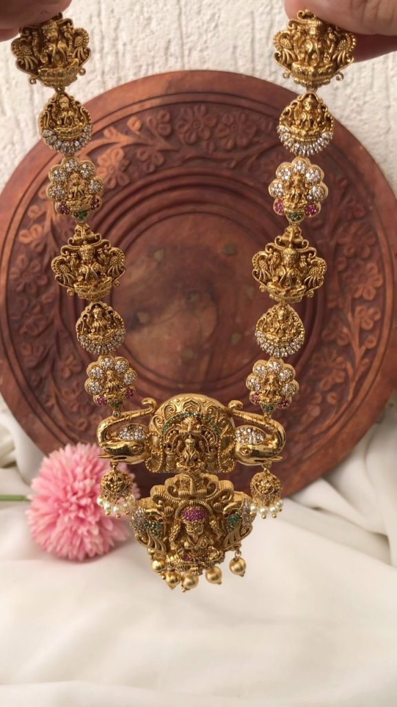 Antique Lakshmi White Stone Long Necklace From 'Tarathi Jewels'