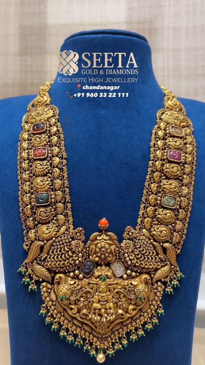 Navaratna Stones Temple Gold Long Necklace From 'Seeta Gold And Diamonds'