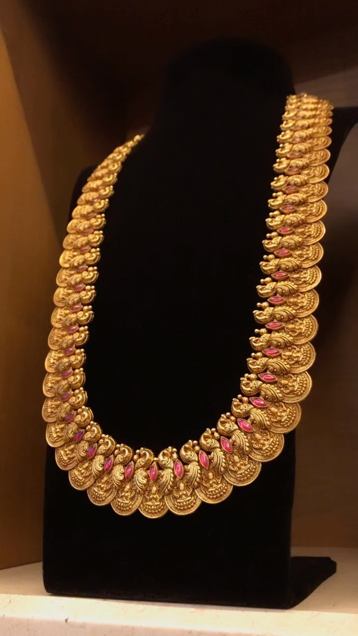 Gold Antique Haara Studded Kasulaperu Long Necklace From 'Pavithra Jewels'