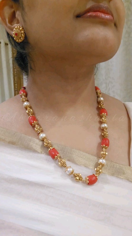 Coral Bead with Pearl Mala Necklace From 'Aabharanashaala'