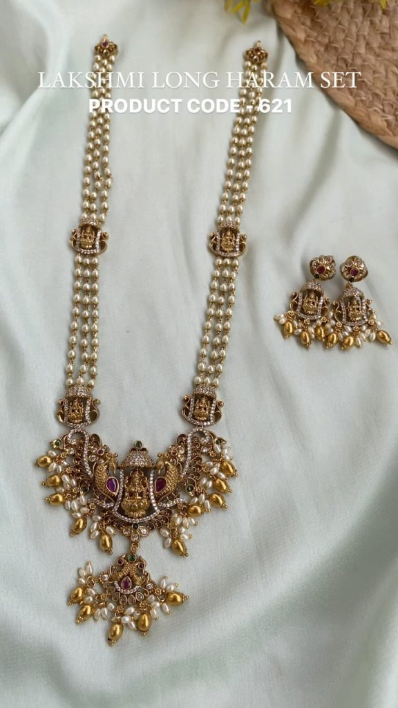 Lakshmi Pendant Pearl Long Haram with Earrings From 'Daivik'