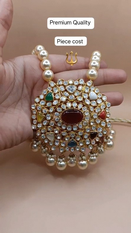 Mossinoite Navaratna Pendant Pearl Chain From 'Ansh Silver Jewellery'