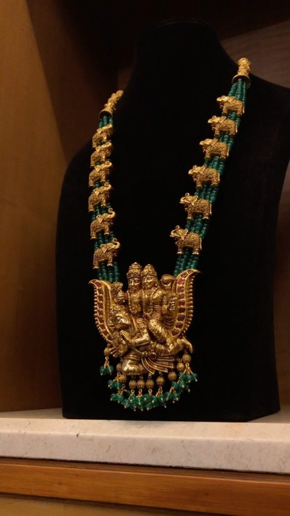 Temple Emerald Beaded Gold Long Necklace From 'Pavithra Jewels'