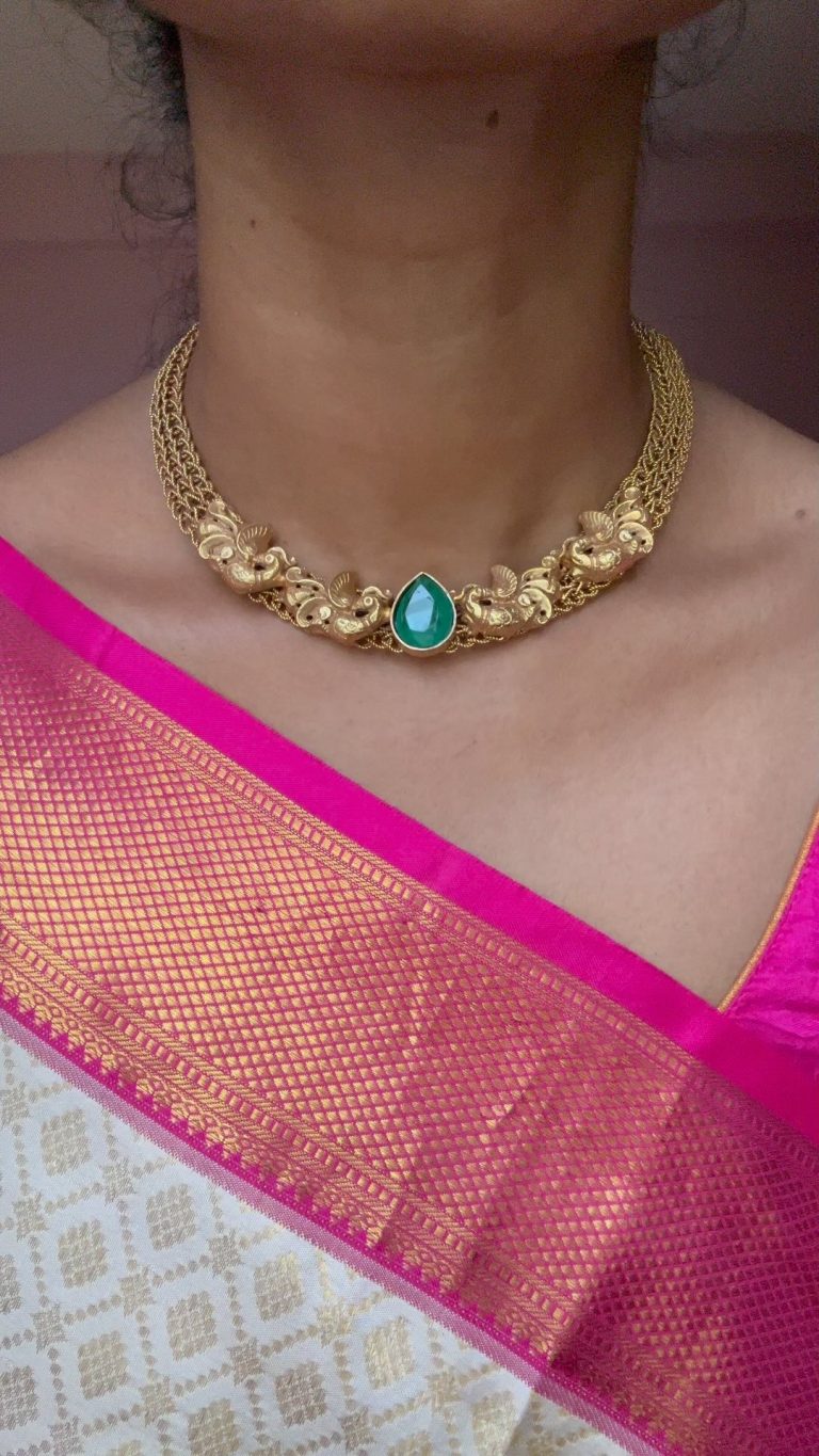 92.5 Silver Gold Plated Mesh Necklace With Emerald From 'Tysha Jewels'