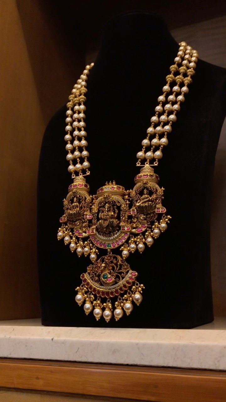 Antique Pearl Lakshmi Pendant Long Haram From 'Pavithra Jewels'