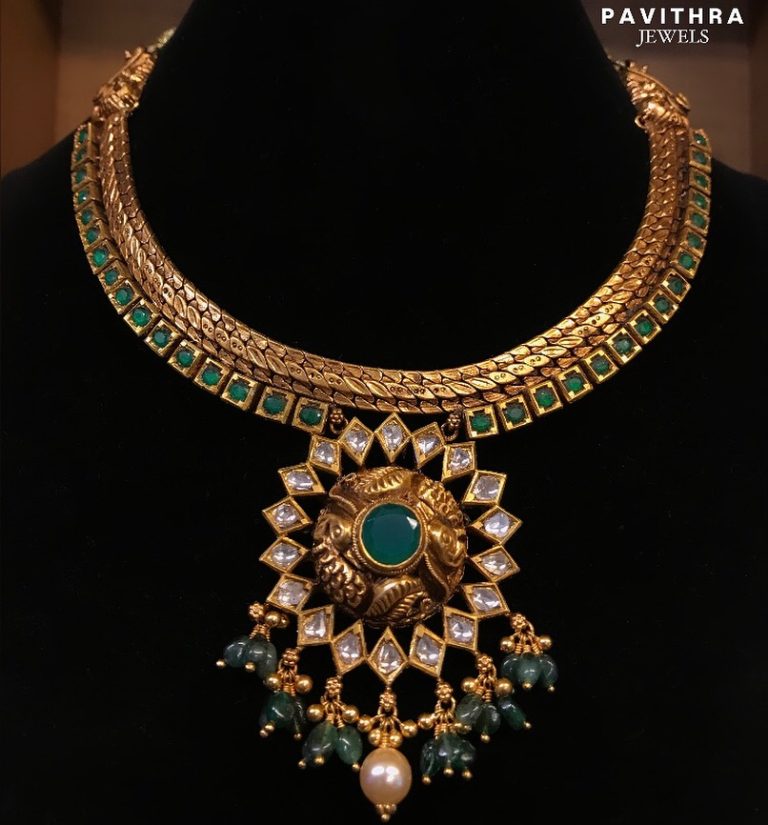 Gold Antique Emerald Stones Necklace From 'Pavithra Jewels'