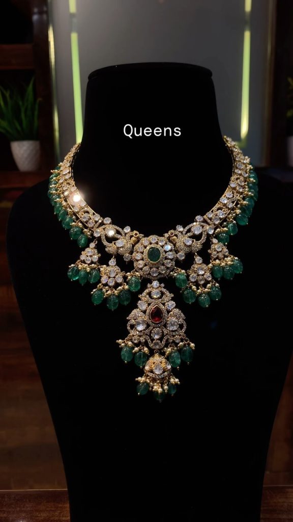 Gold Plated AD Stone with Green Bead Neckset From 'Queens Silver Jewellery'