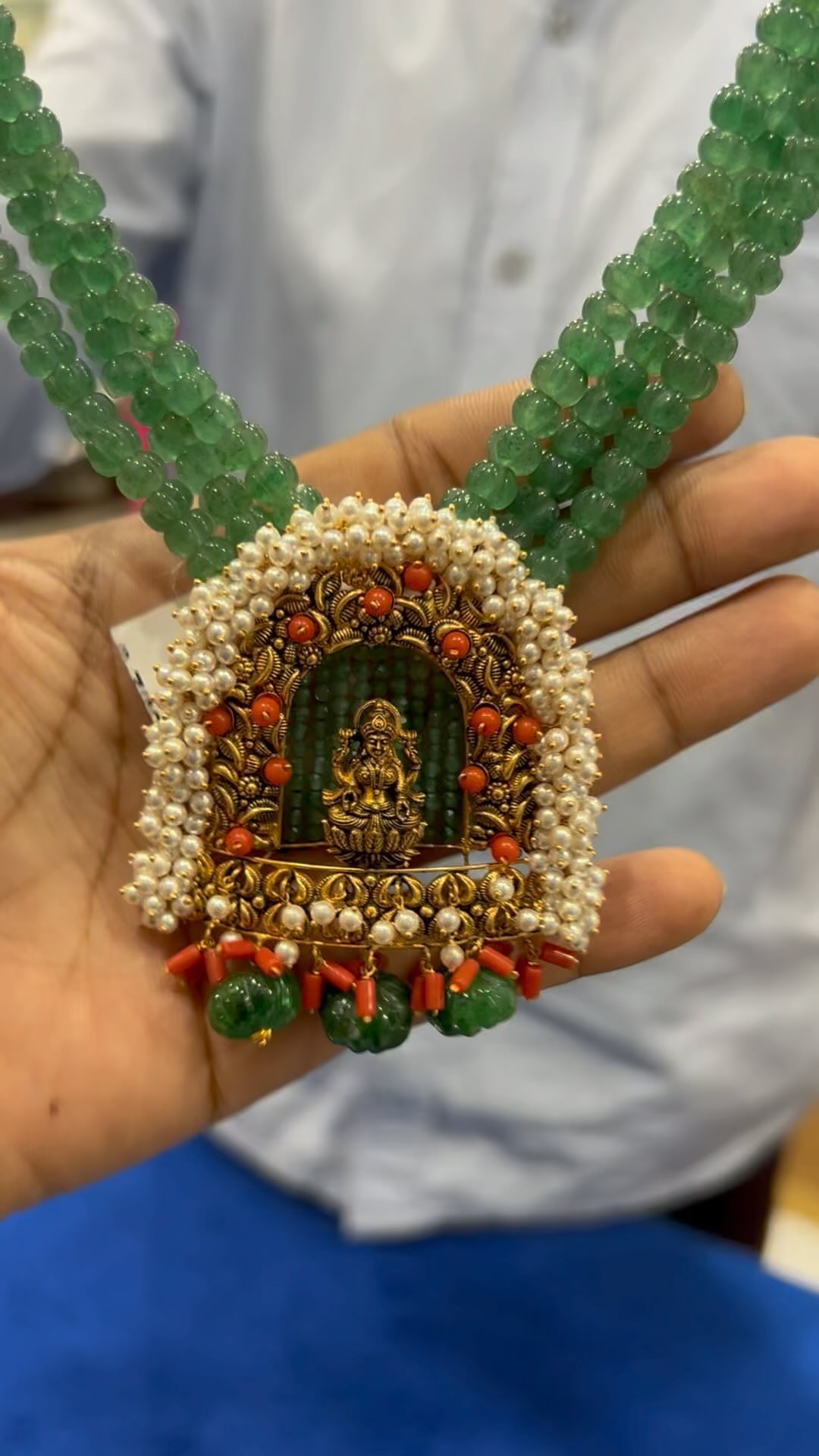 Green Beaded Lakshmi Pendant Gold Haram From 'Sahasra Jewels'