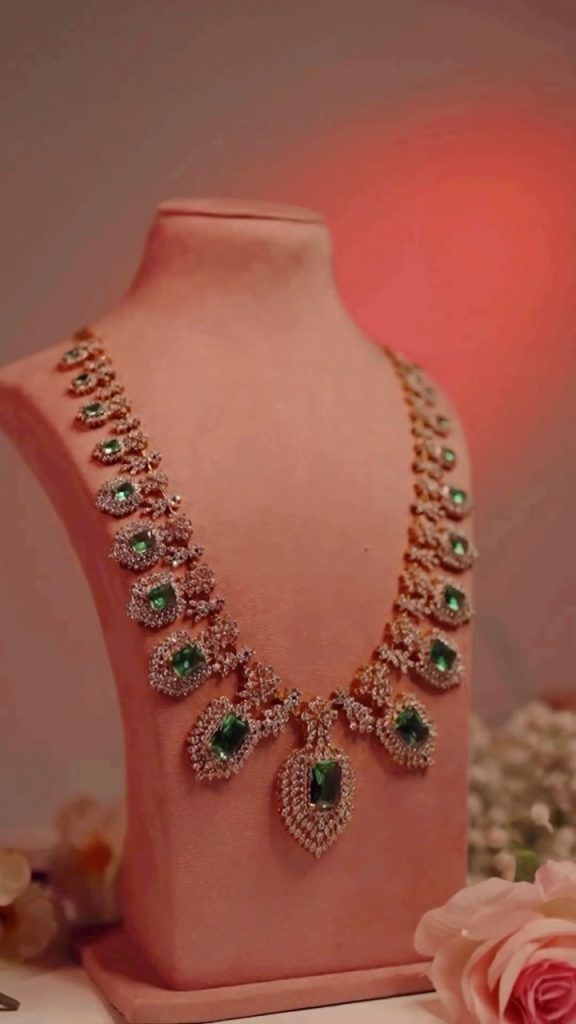 Gold Plated White And Green Stones Long Necklace From 'Sneha Rateria'