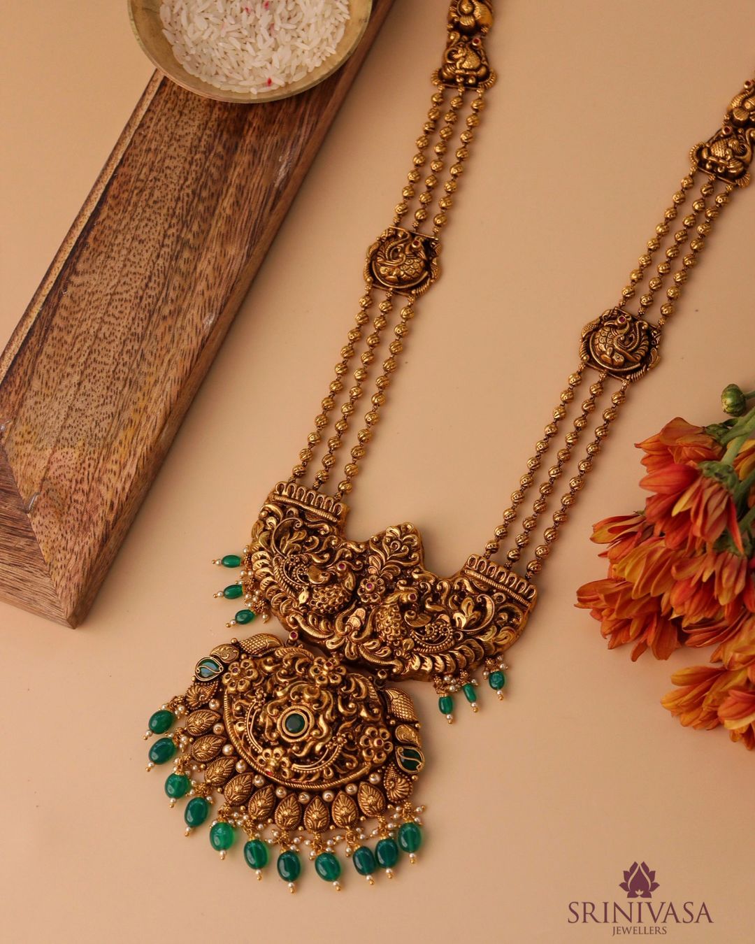 Dual Peacock Beaded Gold Long Necklace From 'Srinivasa Jewellers'