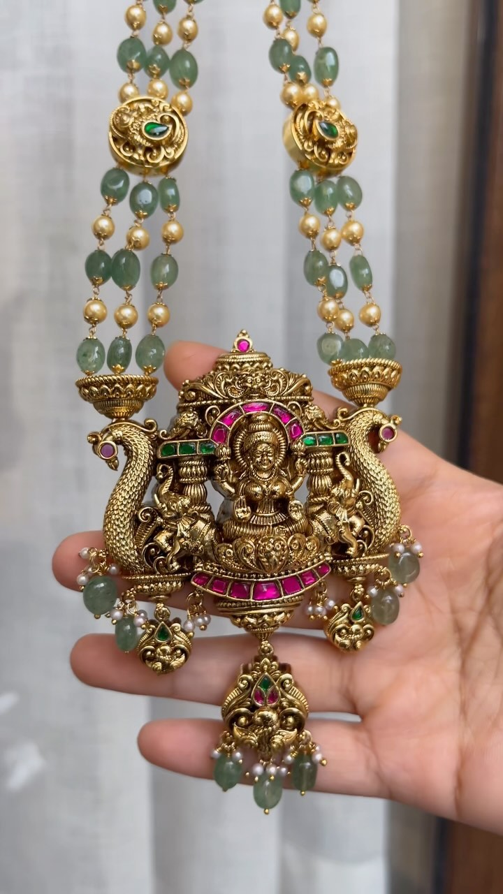 Emerald Pearl Beads Lakshmi Jadau Haram From 'Kruthika Jewellery'