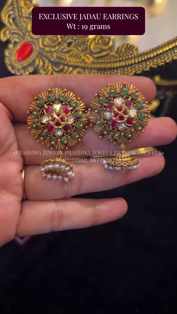 Gold Jadau Earrings with Green Beads From 'Prashwa Jewels'