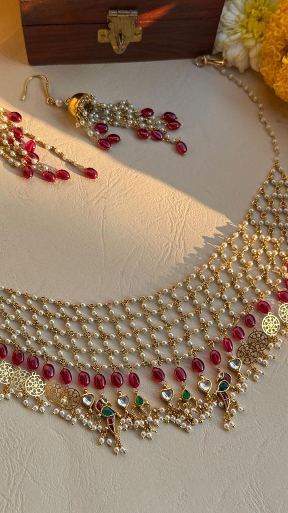 Gold Plated Pearl and Ruby Necklace From 'Mangalsutra Bangles'