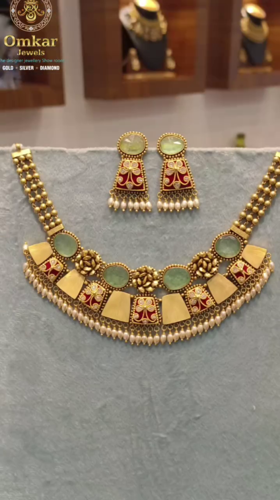 Pistal Green Stones Gold Necklace From 'Omkar Jewels'