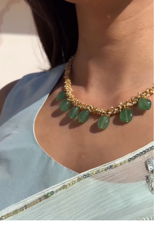 Gold Plated Pearl Beaded Emerald Necklace From 'Vamika Silver'