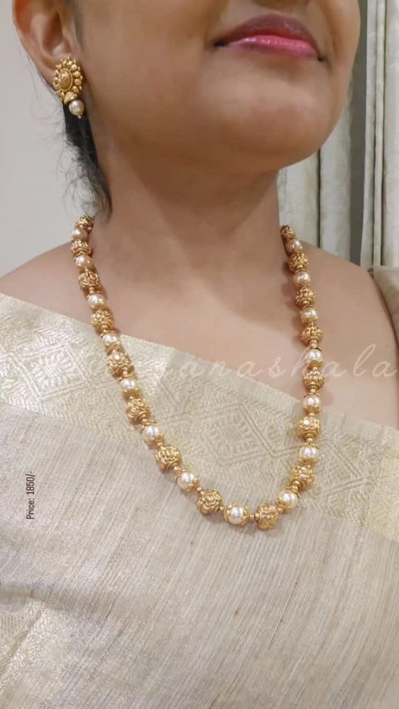 Antique Gold Finish Pearl Necklace From 'Abharanashaala'