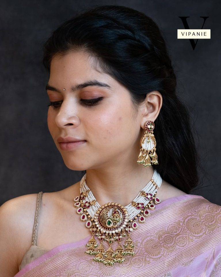 Antique Pearl Kundan Necklace with Chand Bali Earrings From 'Vipanie'