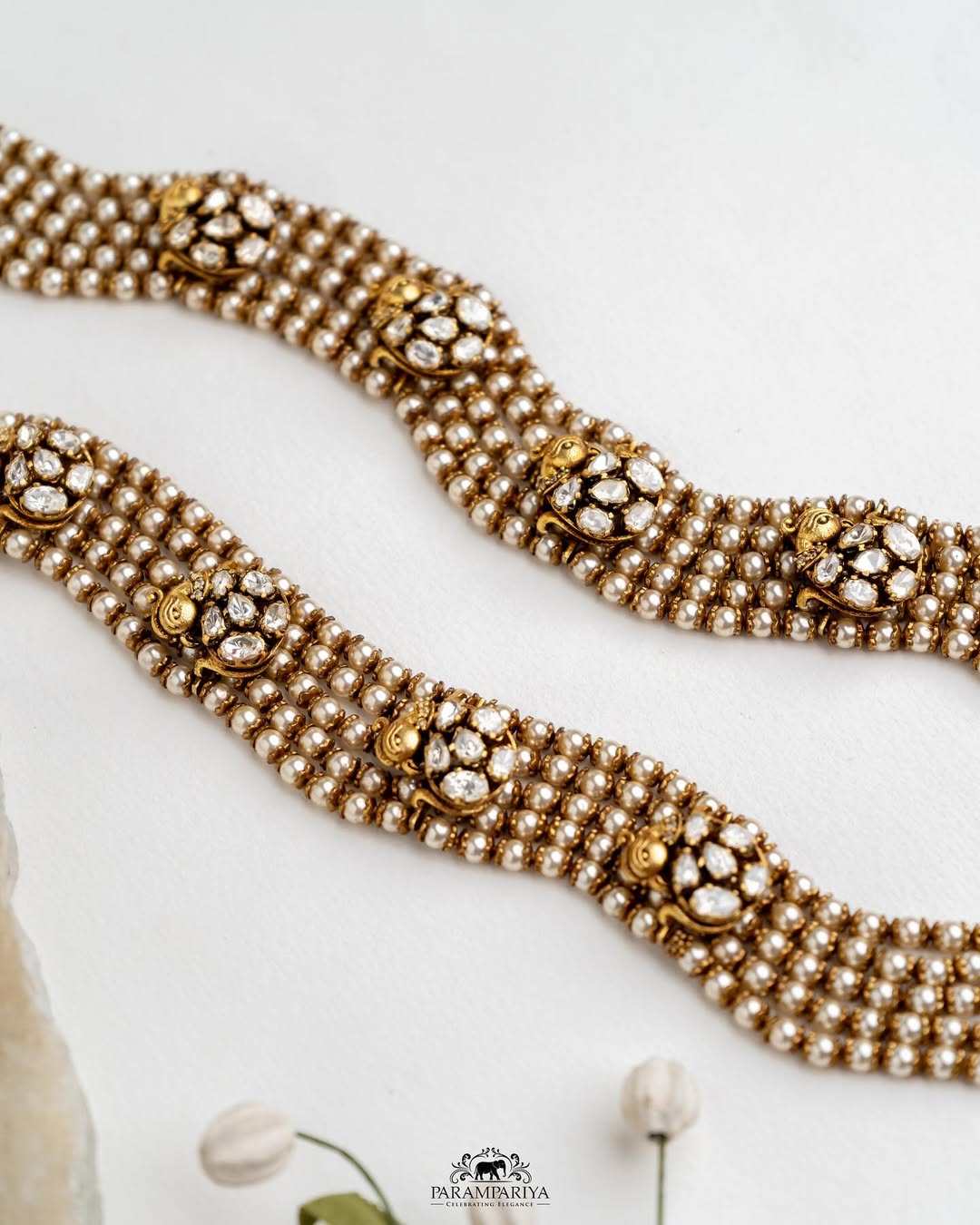 Antique Pearl Layer Mala With Moissanite Charms From 'Parampariya'