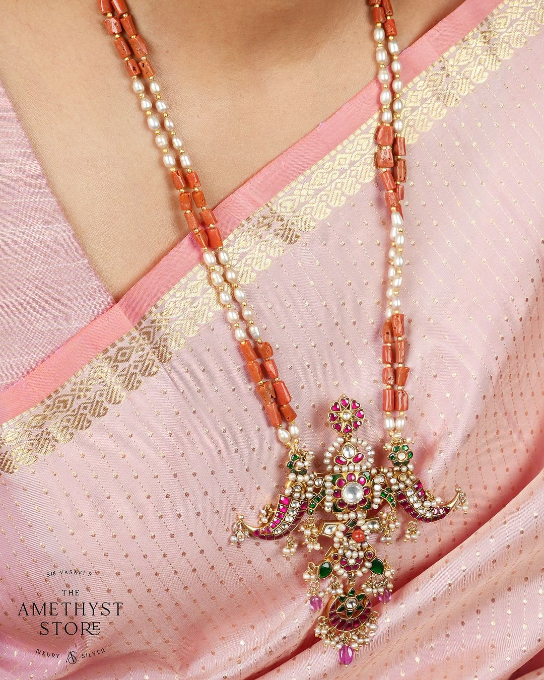 Coral Beaded Kundan Long Necklace From 'The Amethyst Store'