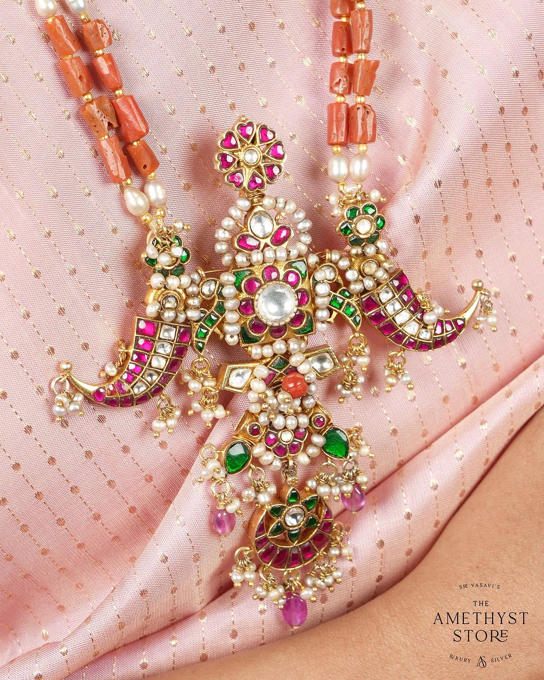 Coral Beaded Kundan Long Necklace From 'The Amethyst Store'