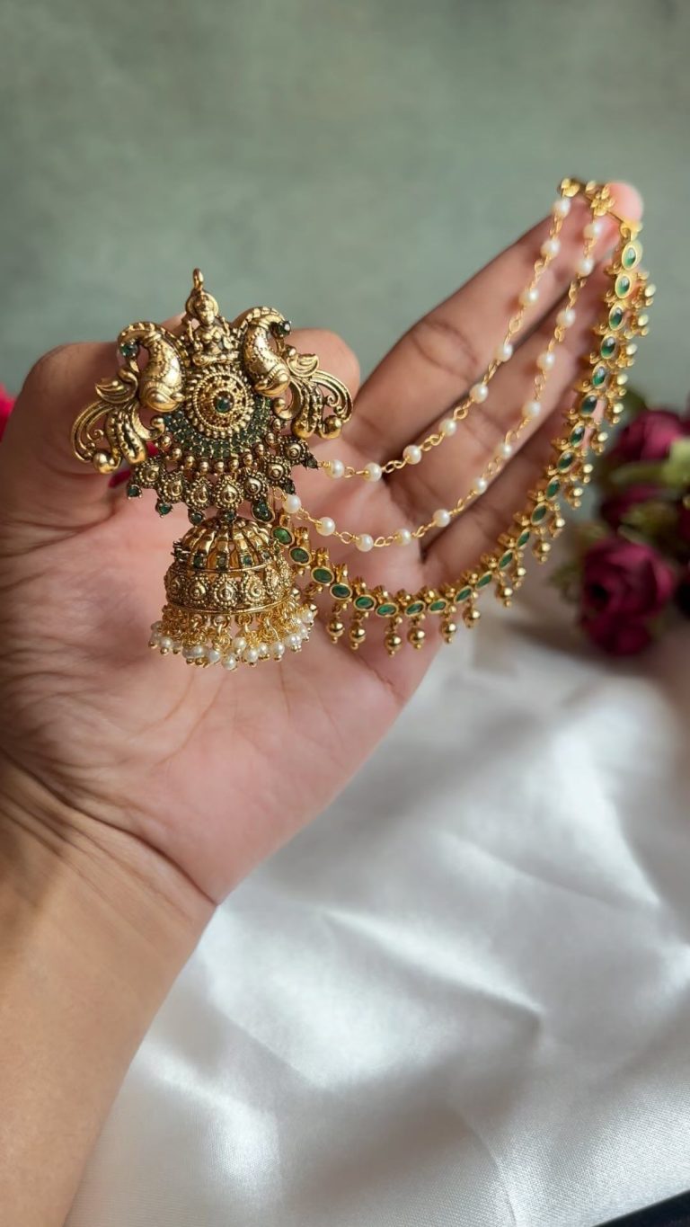 Imitation Dual Peacock Jhumkas With Ear Chain From 'Aishi Jewellery'