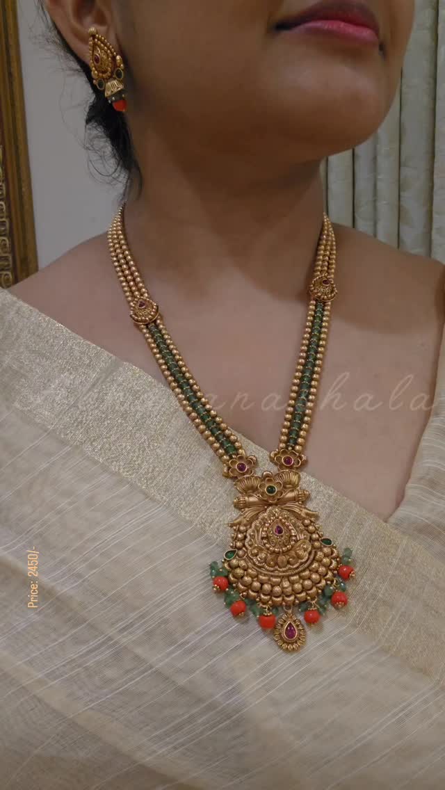 Rajwadi Coral Green Stones Long Necklace From 'Abharanashala'