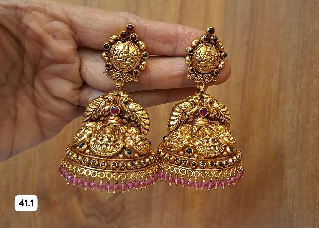 Gold Plated Beaded Drop Jhumkas From 'Mahil jewellers'