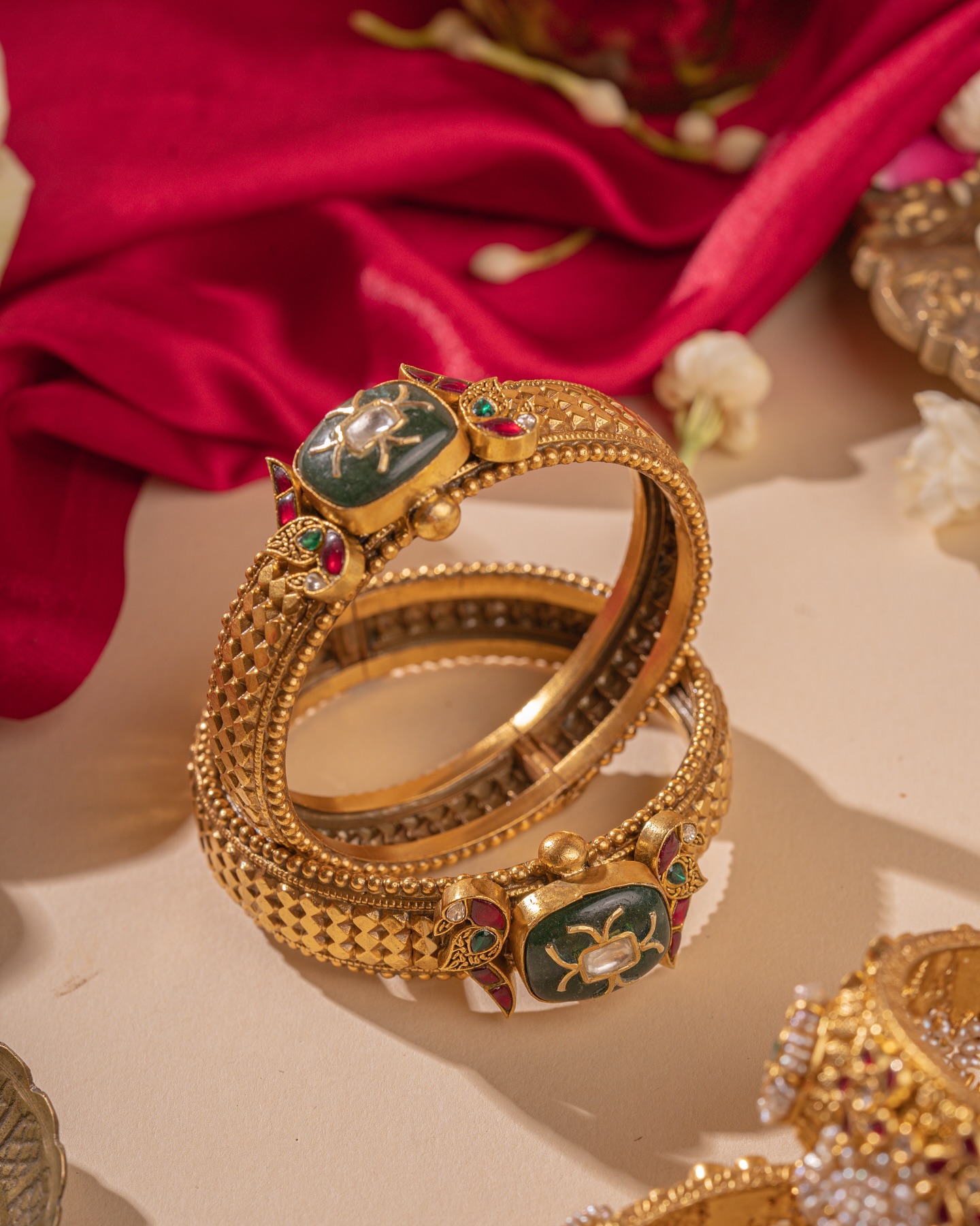  Gold Plated Pearl& Green Stones Kada Bangles From 'Raj Jewellery'